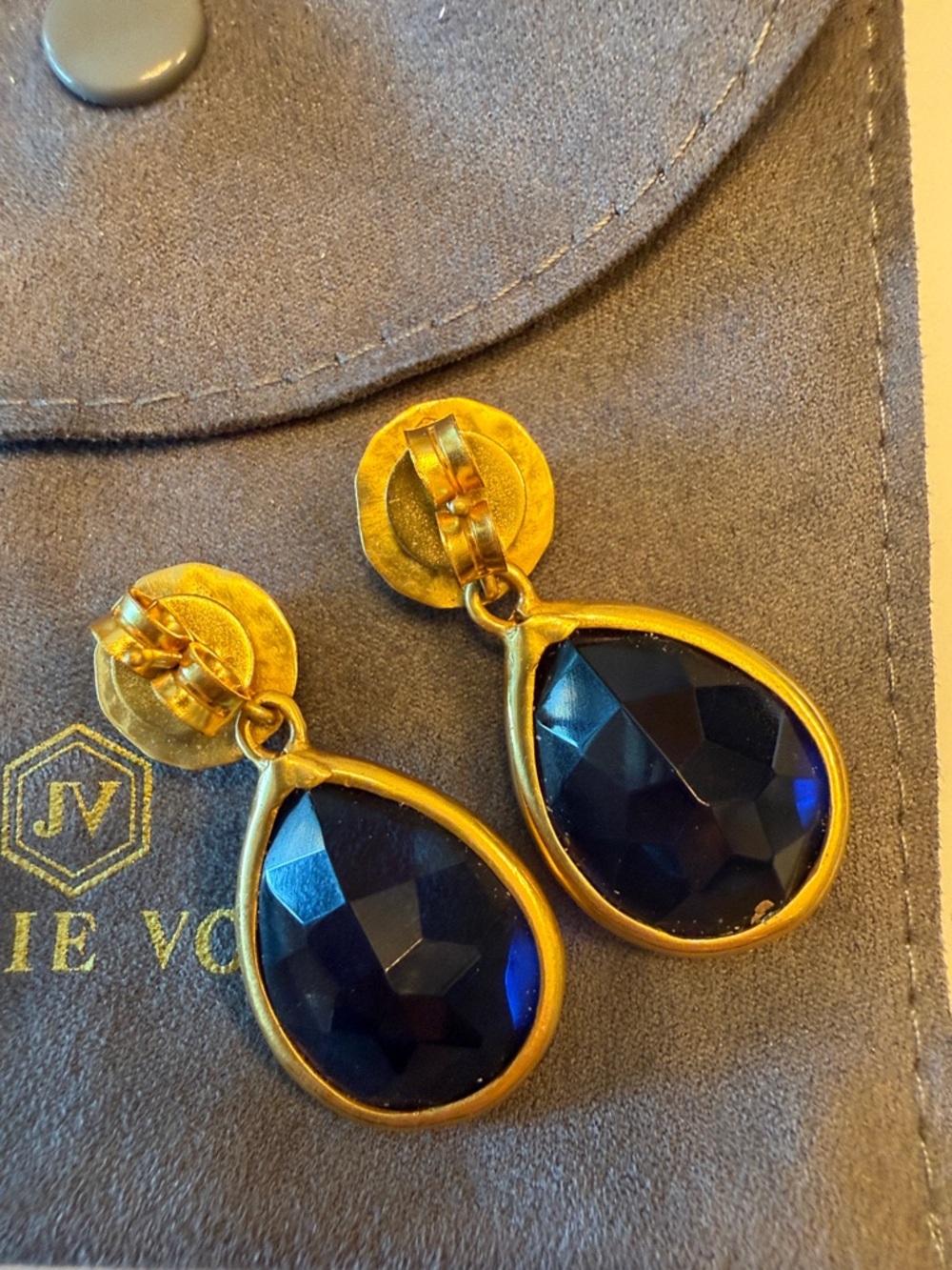 Julie Vos Gold Teardrop Earrings with Dark Blue Stones - Picture 3 of 4